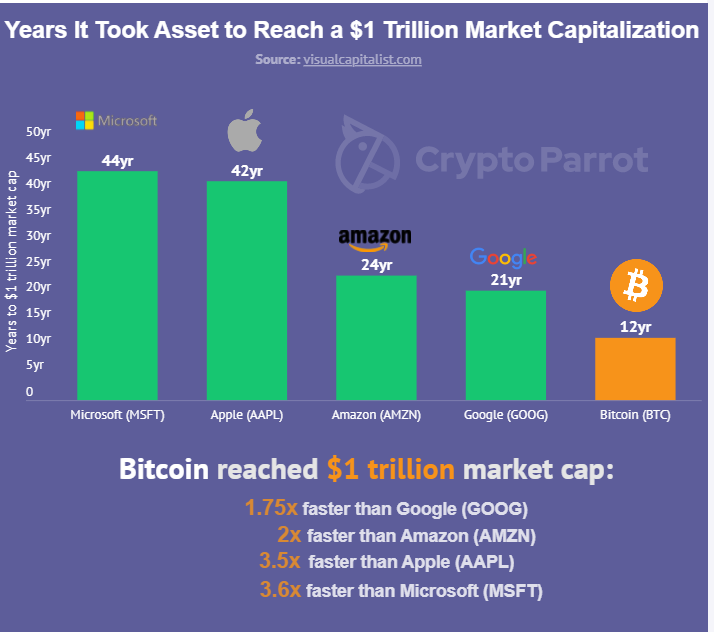 Bitcoin reached 1T market cap faster than major companies